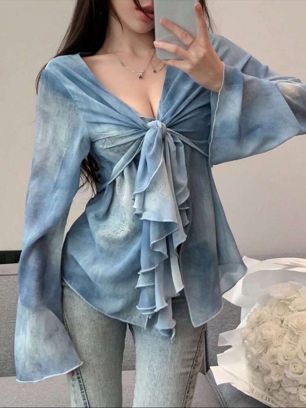 Blue Tie-Front Ruffle Blouse - Women Tops